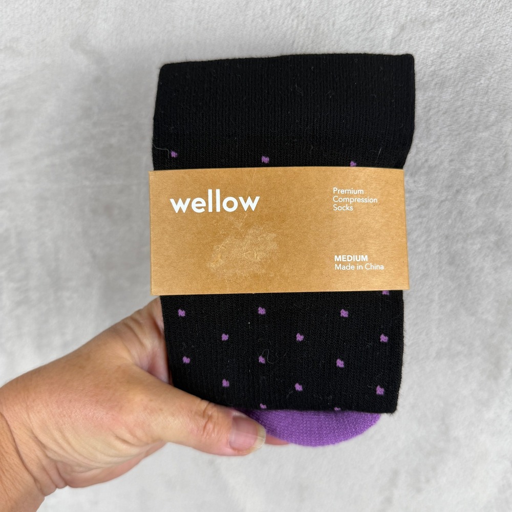 Wellow Black Purple Polka Dot Compression Socks 18-25 mmHg Medium Bamboo